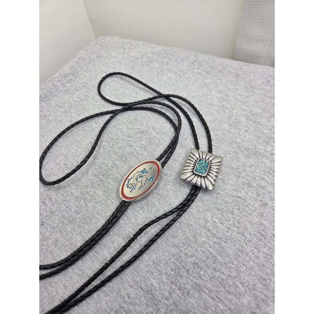 Lot of 2 Vintage Coral Turquoise Inlay Bronc Navajo Leather Bolo Ties
